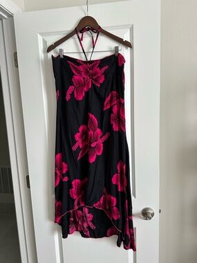 Black Halter Floral Maxi Dress with Hot Pink Blooms